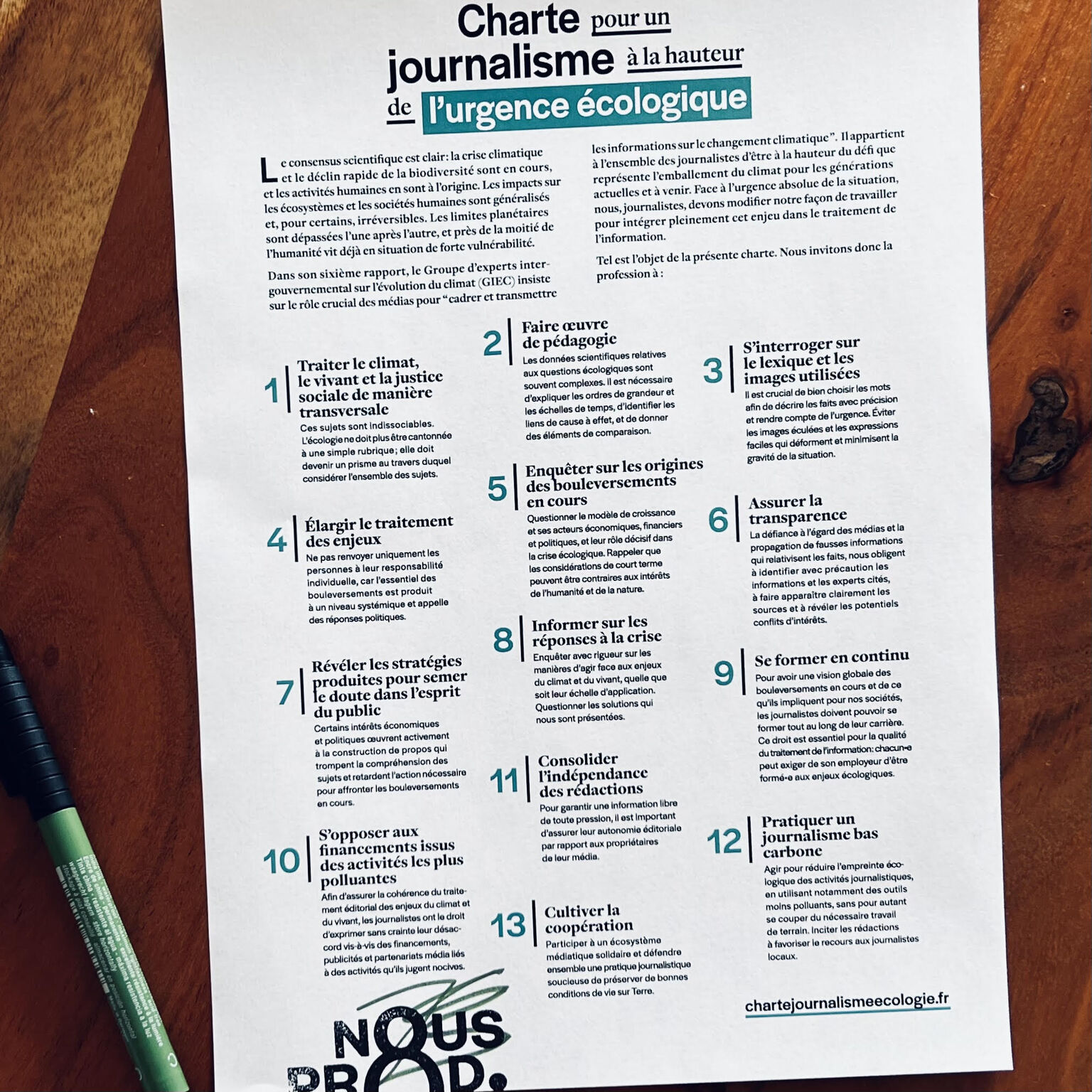 Charte pour un journalisme à la hauteur de l'urgence écologique signée par Nous Prod